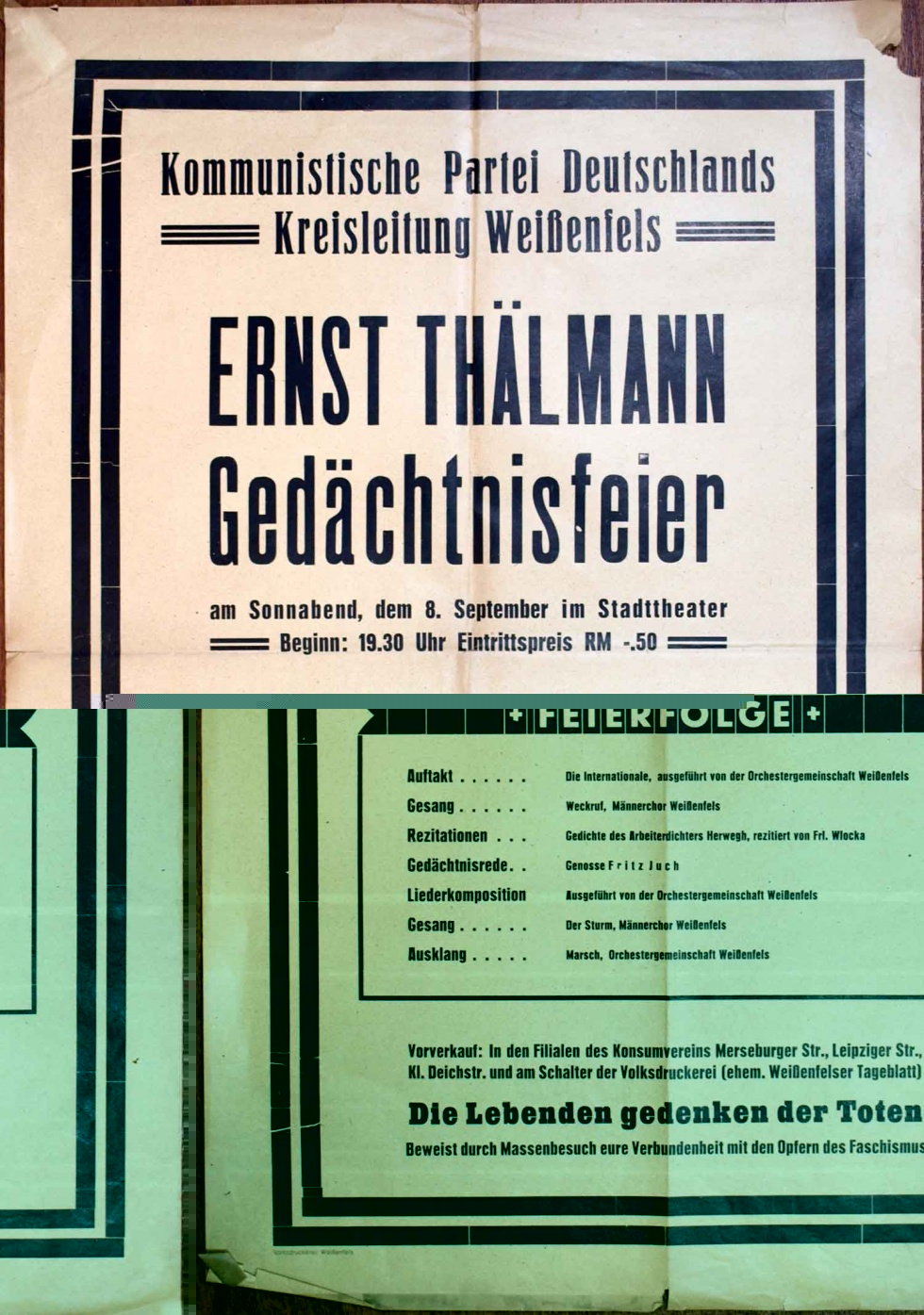 Plakat/ Aushang &quot;Ernst Thälmann Gedächtnisfeier...&quot;, Nachkriegszeit (Museum Weißenfels - Schloss Neu-Augustusburg CC BY-NC-SA)