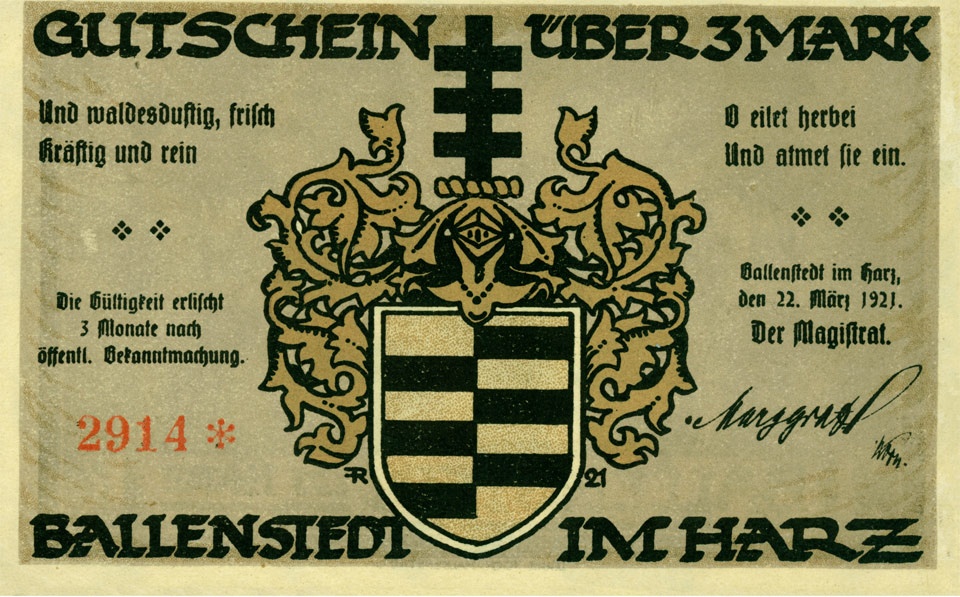 Gutschein Ballenstedt (3 Mark, 1921) (Kulturstiftung Sachsen-Anhalt CC BY-NC-SA)