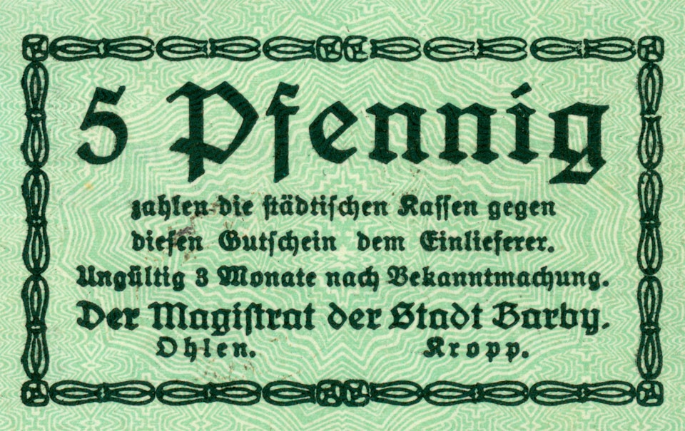 Kleingeldschein Barby (5 Pfennig, 1920) (Kulturstiftung Sachsen-Anhalt CC BY-NC-SA)
