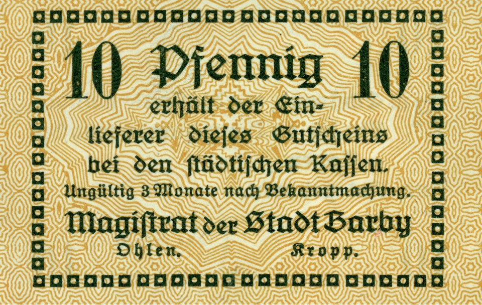 Kleingeldschein Barby (10 Pfennig, 1920) (Kulturstiftung Sachsen-Anhalt CC BY-NC-SA)