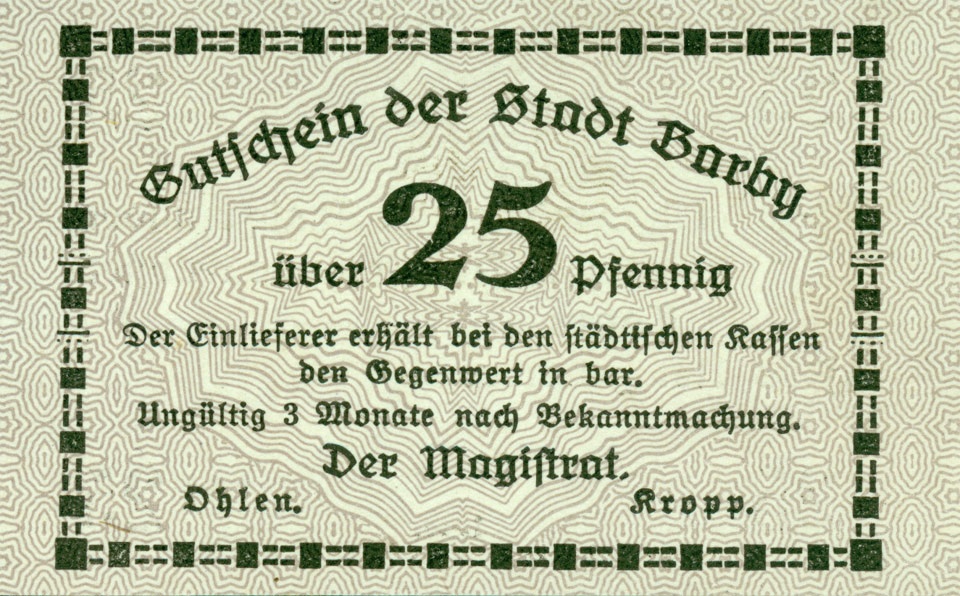 Kleingeldschein Barby (25 Pfennig, 1920) (Kulturstiftung Sachsen-Anhalt CC BY-NC-SA)