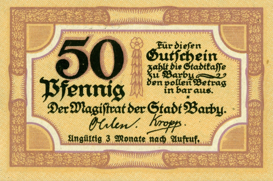 Kleingeldschein Barby (50 Pfennig, 1921) (Kulturstiftung Sachsen-Anhalt CC BY-NC-SA)
