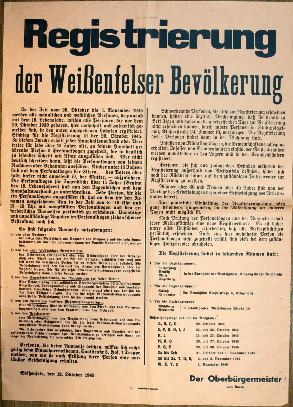 Plakat/ Bekanntmachung &quot;Registrierung der Weißenfelser Bevölkerung &quot;, 1945 (Museum Weißenfels - Schloss Neu-Augustusburg CC BY-NC-SA)