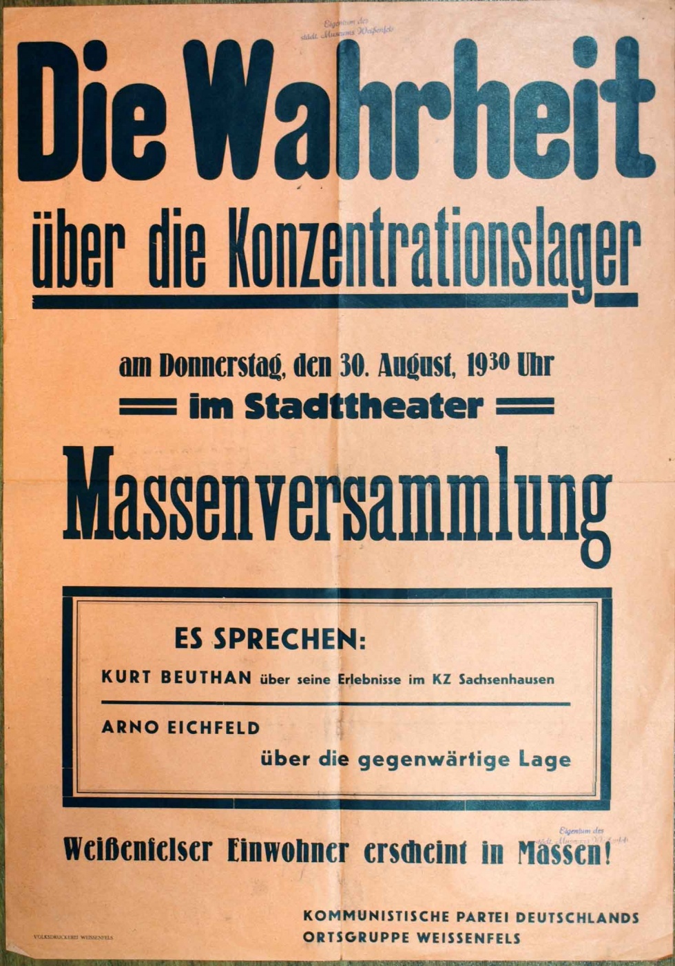 Plakat/ Aushang &quot;Die Wahrheit über die Konzentrationslager&quot;, Weißenfels 1945 (Museum Weißenfels - Schloss Neu-Augustusburg CC BY-NC-SA)