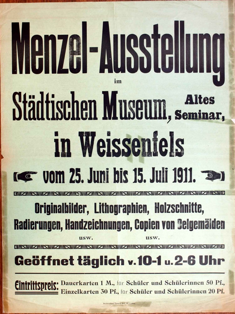 Plakat/ Aushang &quot;Menzel-Ausstellung&quot;, Weißenfels 1911 (Museum Weißenfels - Schloss Neu-Augustusburg CC BY-NC-SA)