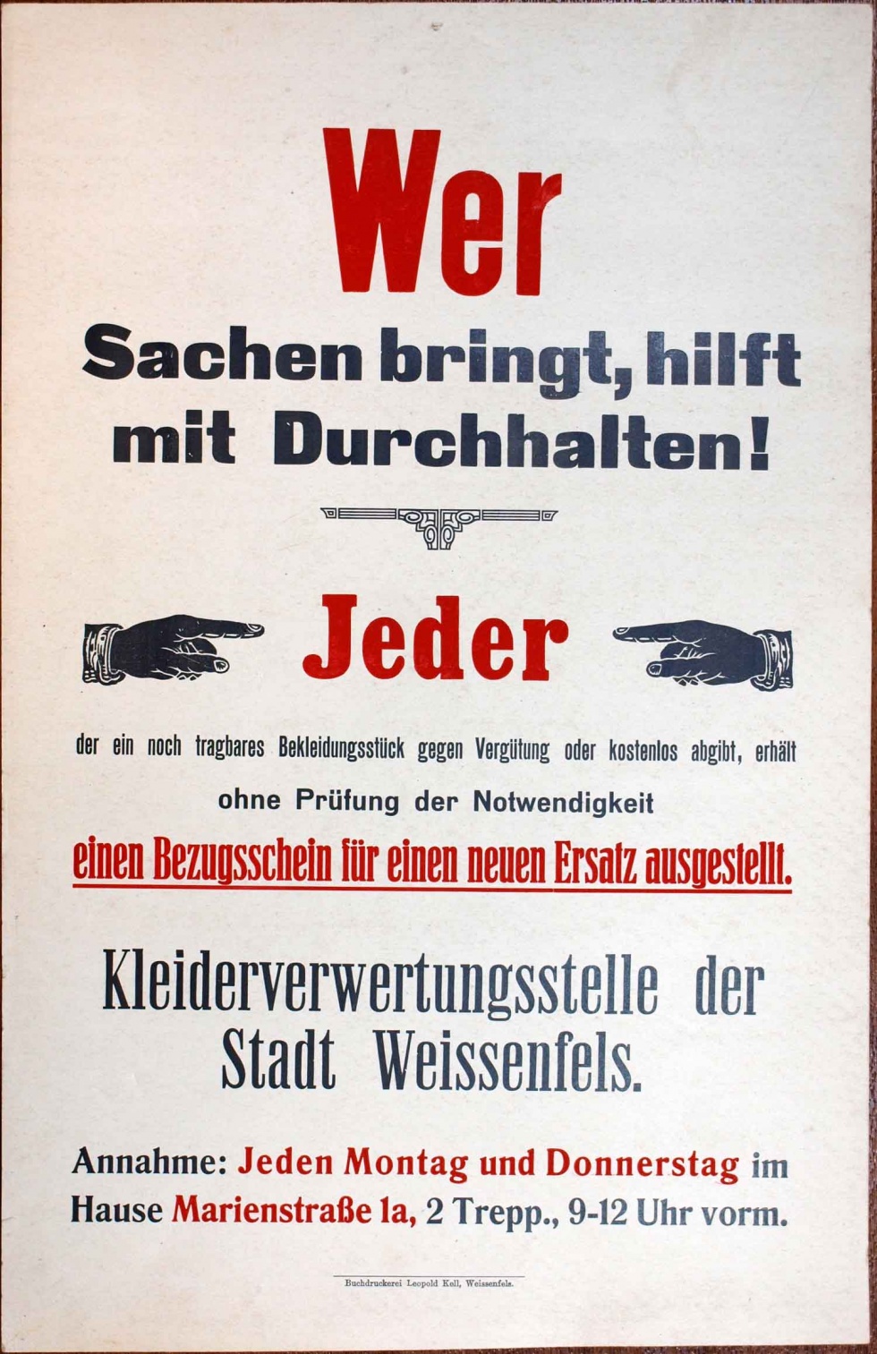 Plakat/ Aufruf &quot; Wer Sachen bringt,...!&quot;, 1. Weltkrieg ?, 1914- 1918 (Museum Weißenfels - Schloss Neu-Augustusburg CC BY-NC-SA)