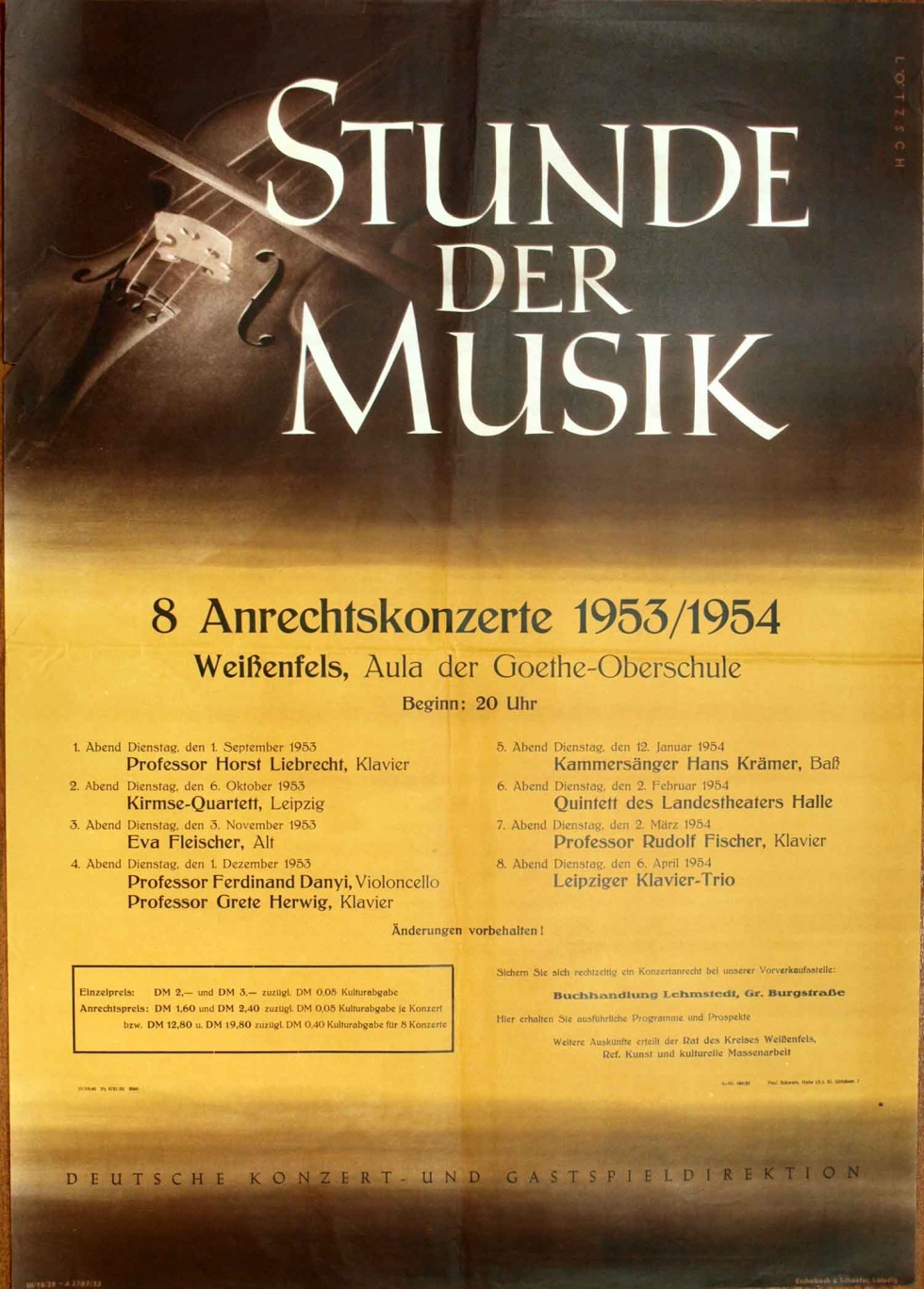 Plakat/ Kultur &quot;Stunde der Musik&quot;, DDR 1953 (Museum Weißenfels - Schloss Neu-Augustusburg CC BY-NC-SA)
