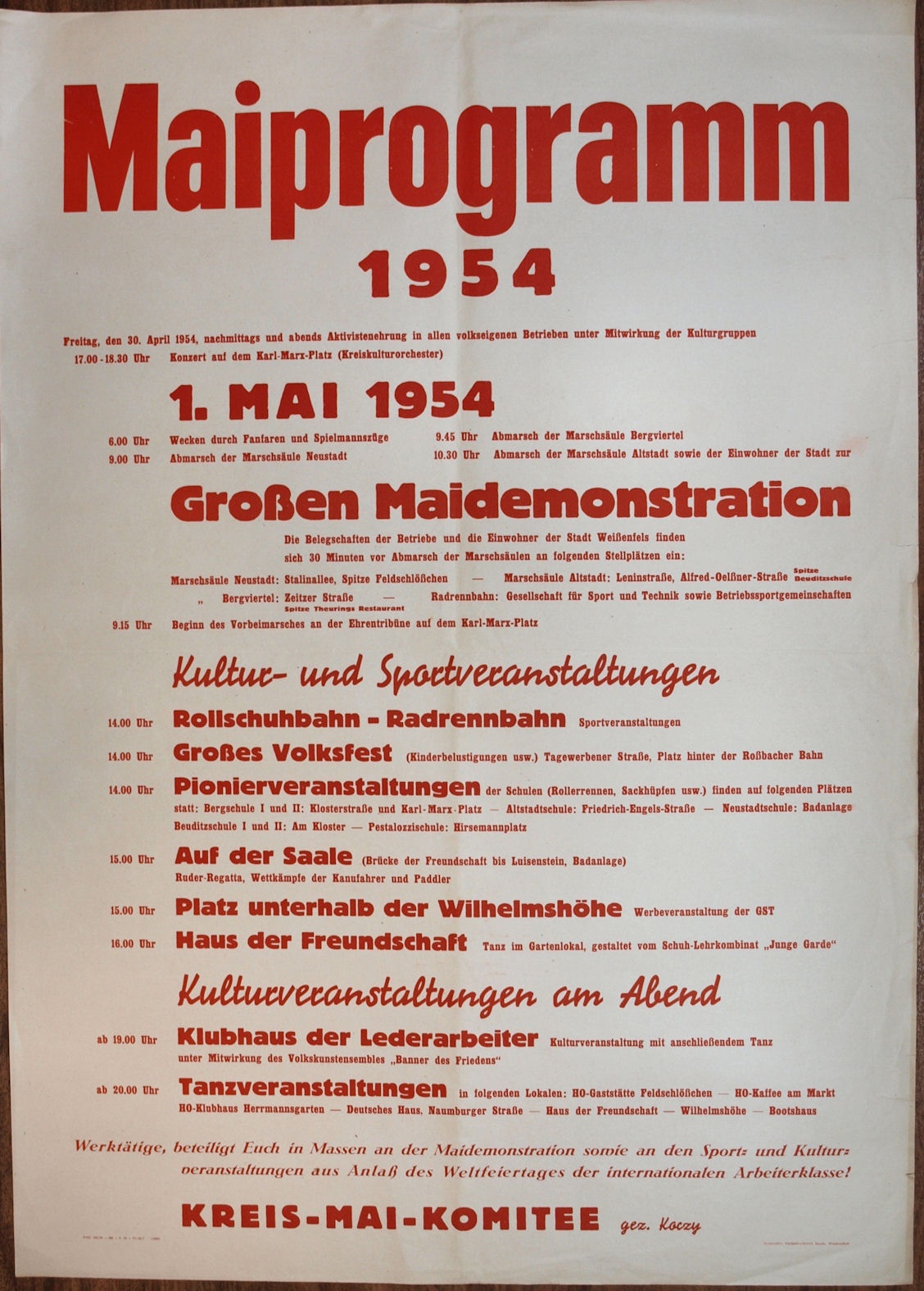 Plakat / Politik/ Kultur &quot;Maiprogramm 1954&quot;, DDR 1954 (Museum Weißenfels - Schloss Neu-Augustusburg CC BY-NC-SA)