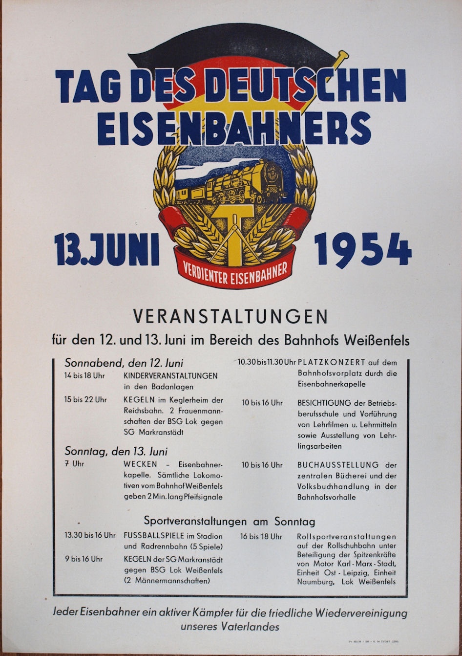 Plakat/ Aushang &quot;Tag des deutschen Eisenbahners&quot;, DDR, Weißenfels 1954 (Museum Weißenfels - Schloss Neu-Augustusburg CC BY-NC-SA)