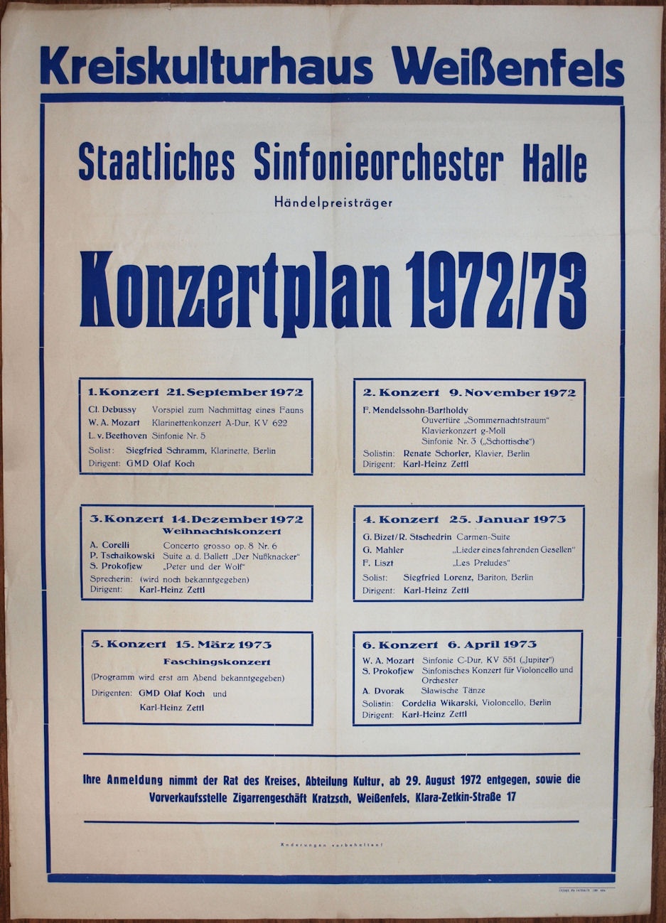 Plakat/ Kultur &quot;Konzertplan des Staatlichen Sinfonieorchester Halle ...&quot;, DDR, Weißenfels 1972 (Museum Weißenfels - Schloss Neu-Augustusburg CC BY-NC-SA)