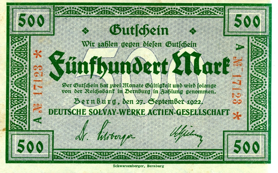 Gutschein über 500 Mark, Deutsche Solvay AG, Bernburg 1922 (Kulturstiftung Sachsen-Anhalt CC BY-NC-SA)