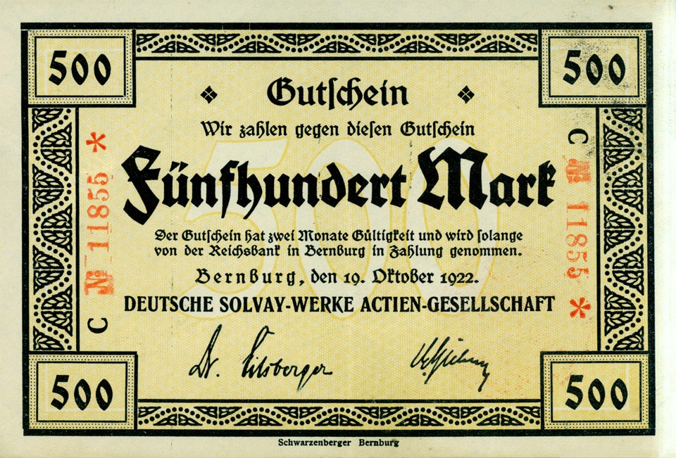 Gutschein über 500 Mark, Deutsche Solvay AG, Bernburg 1922 (Kulturstiftung Sachsen-Anhalt CC BY-NC-SA)
