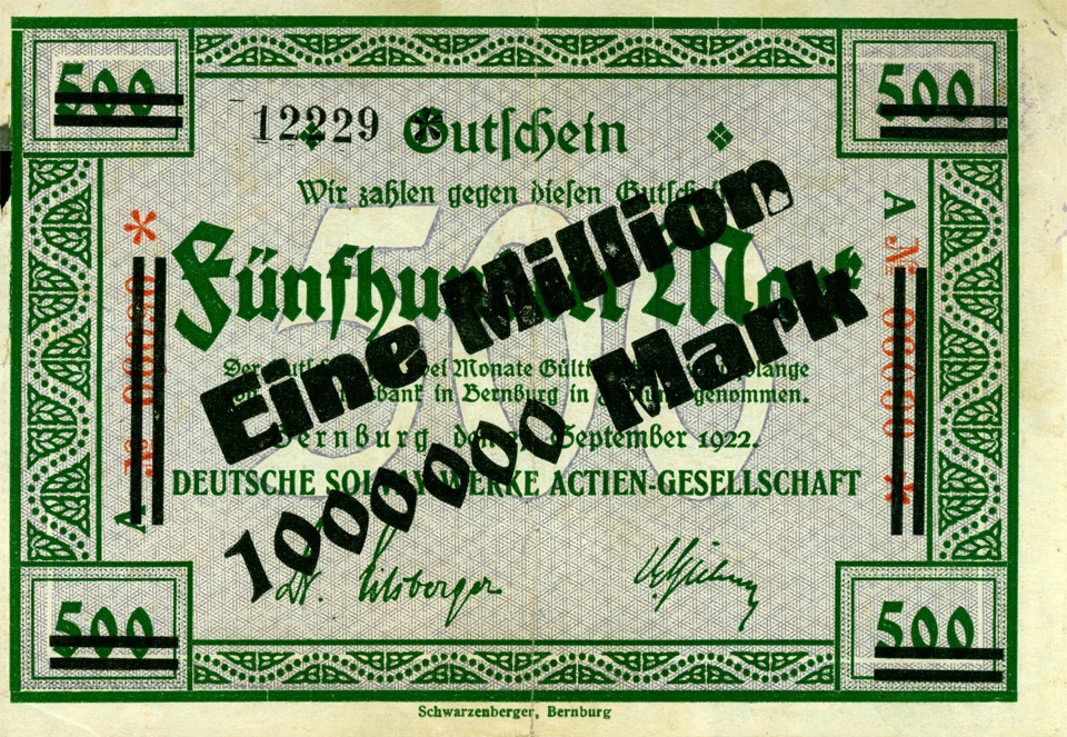 Gutschein über 500 (1000000) Mark, Deutsche Solvay AG, Bernburg 1922 (Kulturstiftung Sachsen-Anhalt CC BY-NC-SA)