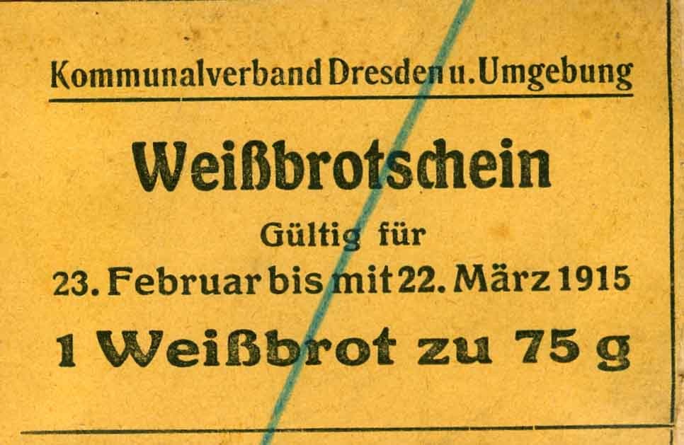 Lebensmittelkarte oder Abschnitt für Weißbrot, Dresden, 1915, 1. Weltkrieg (Museum Weißenfels - Schloss Neu-Augustusburg CC BY-NC-SA)