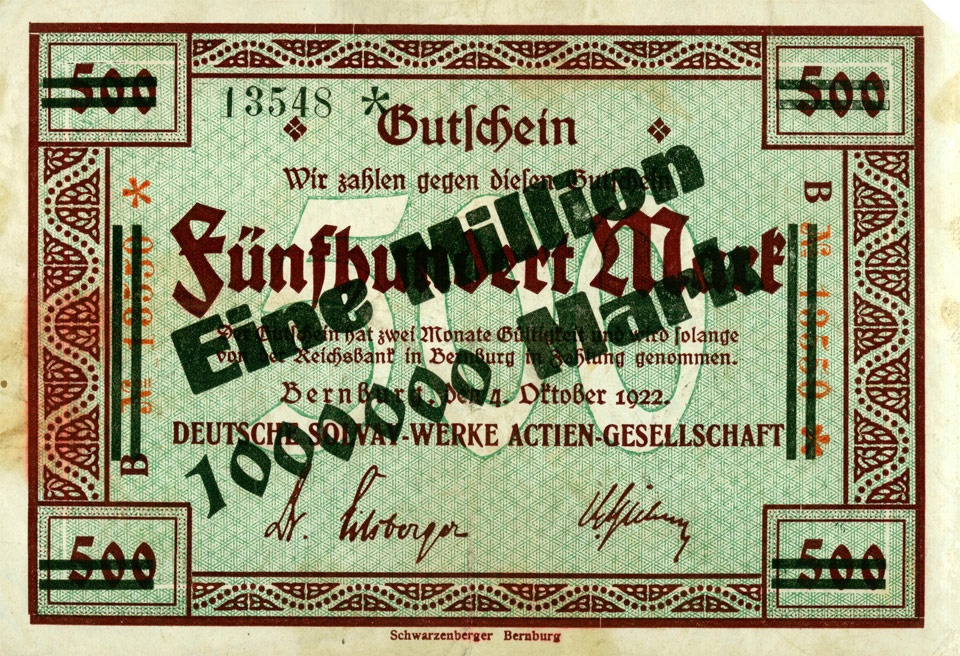 Gutschein über 500 (1000000) Mark, Deutsche Solvay AG, Bernburg 1923 (Kulturstiftung Sachsen-Anhalt CC BY-NC-SA)
