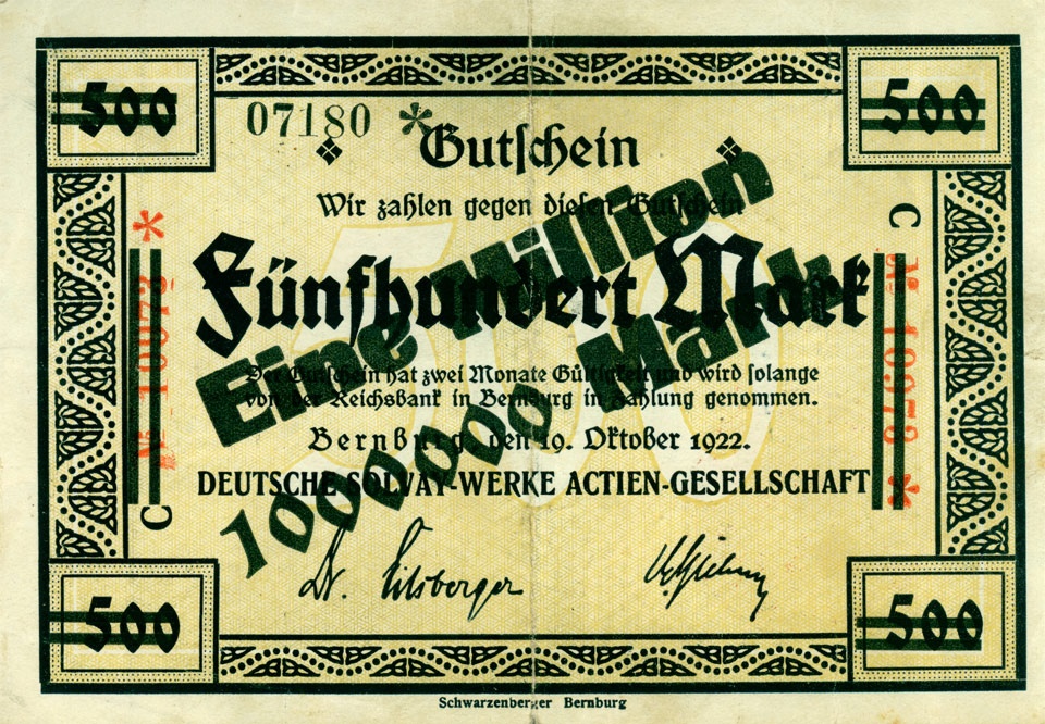 Gutschein über 500 (1000000) Mark, Deutsche Solvay AG, Bernburg 1923 (Kulturstiftung Sachsen-Anhalt CC BY-NC-SA)