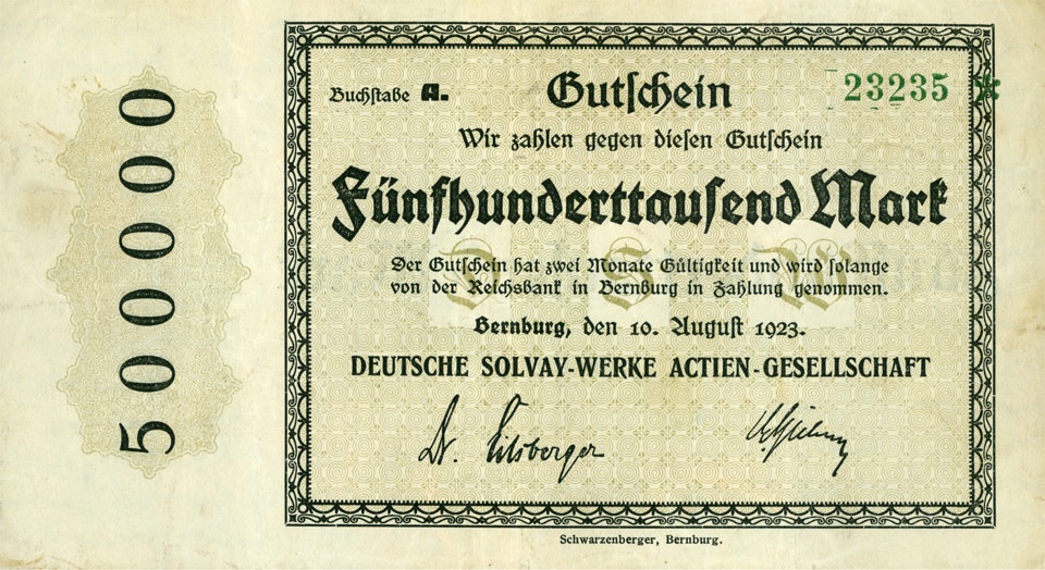 Gutschein über 500.000 Mark, Deutsche Solvay AG, Bernburg 1923 (Kulturstiftung Sachsen-Anhalt CC BY-NC-SA)
