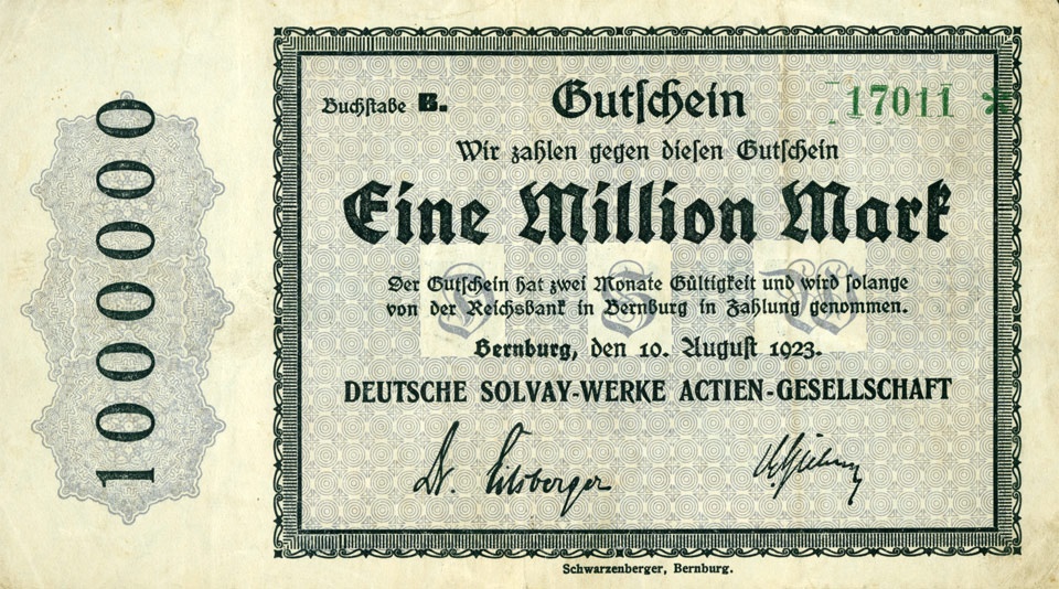 Gutschein über 1.000.000 Mark, Deutsche Solvay AG, Bernburg 1923 (Kulturstiftung Sachsen-Anhalt CC BY-NC-SA)