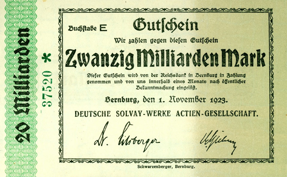Gutschein über 20 Milliarden Mark, Deutsche Solvay AG, Bernburg 1923 (Kulturstiftung Sachsen-Anhalt CC BY-NC-SA)