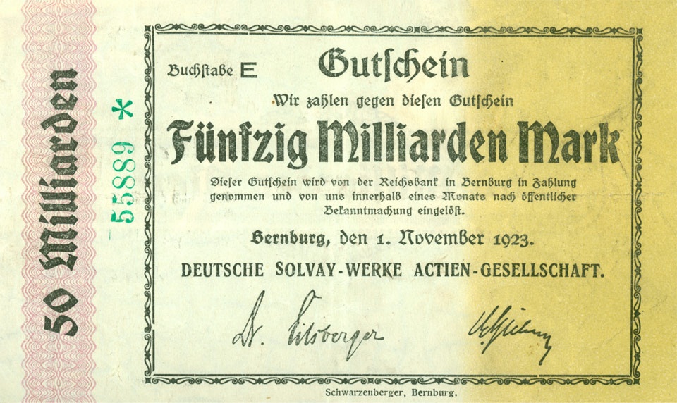 Gutschein über 50 Milliarden Mark, Deutsche Solvay AG, Bernburg 1923 (Kulturstiftung Sachsen-Anhalt CC BY-NC-SA)