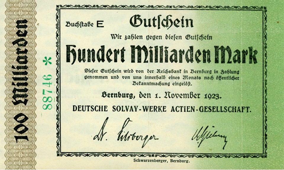 Gutschein über 100 Milliarden Mark, Deutsche Solvay AG, Bernburg 1923 (Kulturstiftung Sachsen-Anhalt CC BY-NC-SA)