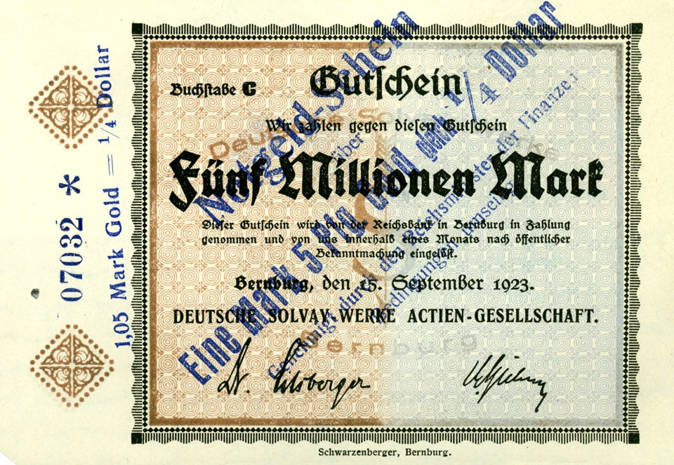 Wertbeständiges Notgeld Bernburg, Solvay Werke, 5 Millionen Mark (Kulturstiftung Sachsen-Anhalt CC BY-NC-SA)
