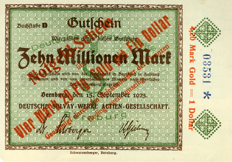 Wertbeständiges Notgeld Bernburg, Solvay Werke, 10 Millionen Mark (Kulturstiftung Sachsen-Anhalt CC BY-NC-SA)