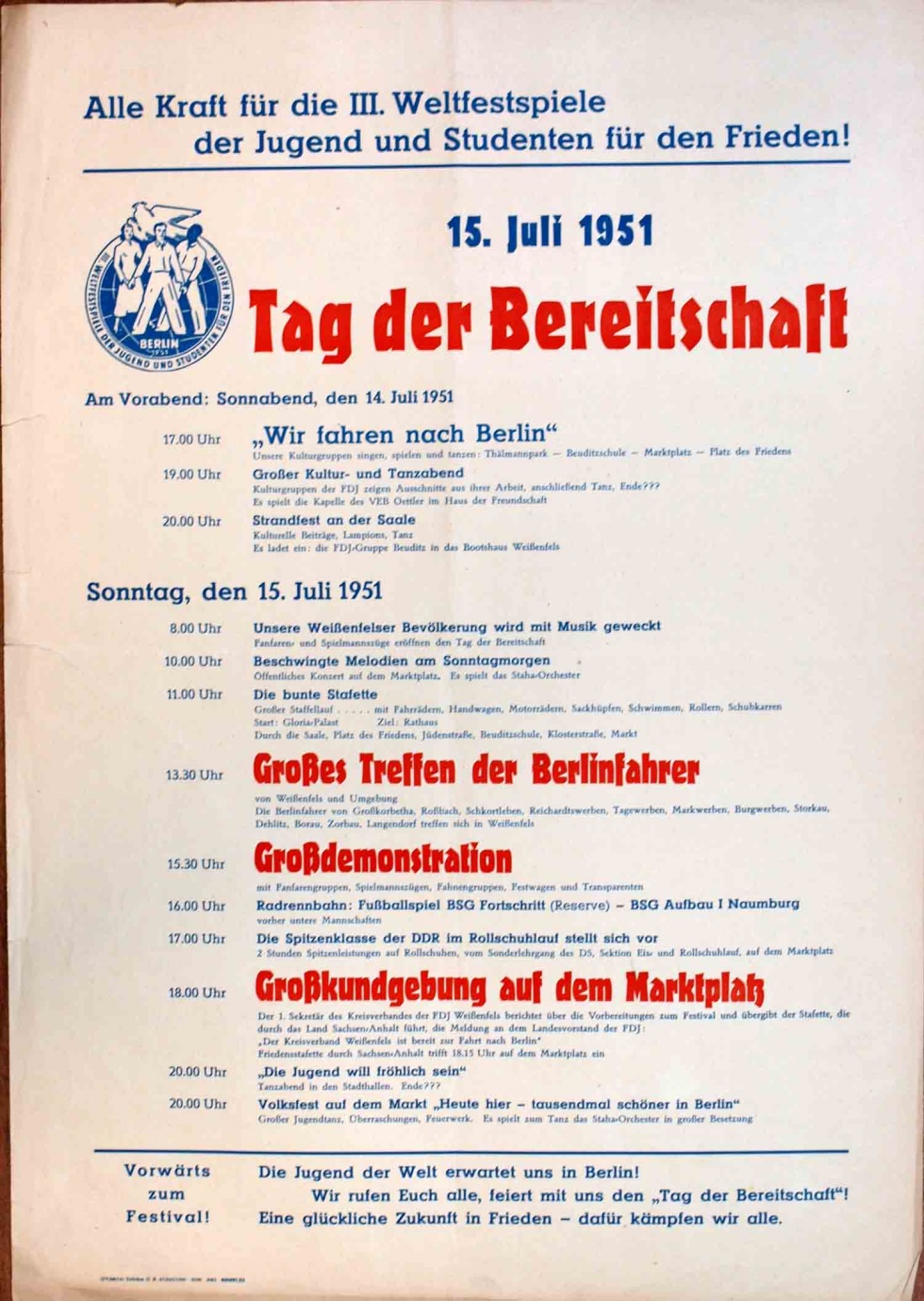 Plakat/ Kultur/ Propaganda &quot;Tag der Bereitschaft...&quot;, DDR 1951 (Museum Weißenfels - Schloss Neu-Augustusburg CC BY-NC-SA)