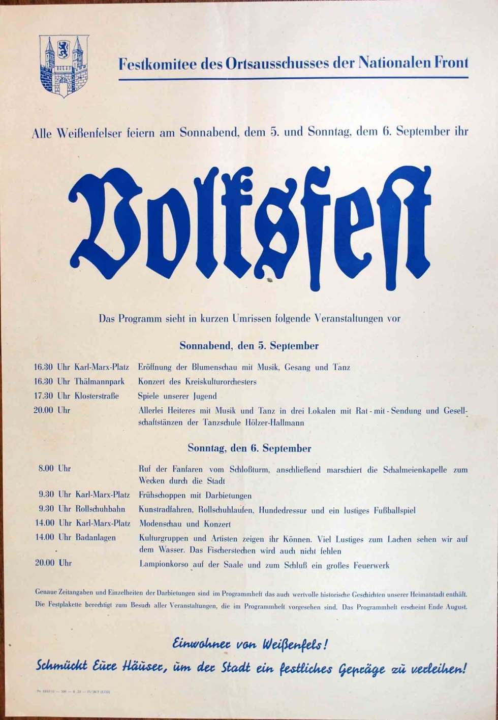 Plakat/ Kultur &quot;Volksfest&quot;, DDR, Weißenfels  1953 (Museum Weißenfels - Schloss Neu-Augustusburg CC BY-NC-SA)
