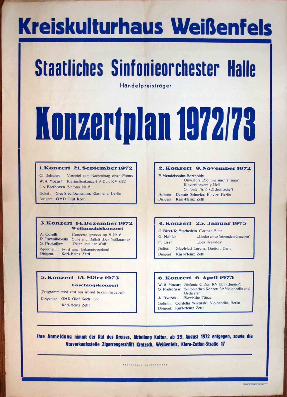 Plakat/ Kultur &quot;Konzertplan des Staatlichen Sinfonieorchesters Halle...&quot;, DDR, Weißenfels 1971 (Museum Weißenfels - Schloss Neu-Augustusburg CC BY-NC-SA)