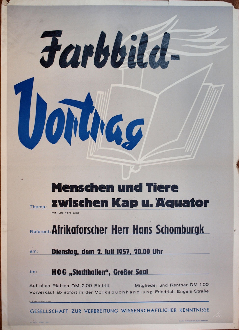 Plakat/ Kultur, Farbbildvortrag &quot;Menschen und Tiere...&quot;, DDR, Weißenfels 1957 (Museum Weißenfels - Schloss Neu-Augustusburg CC BY-NC-SA)