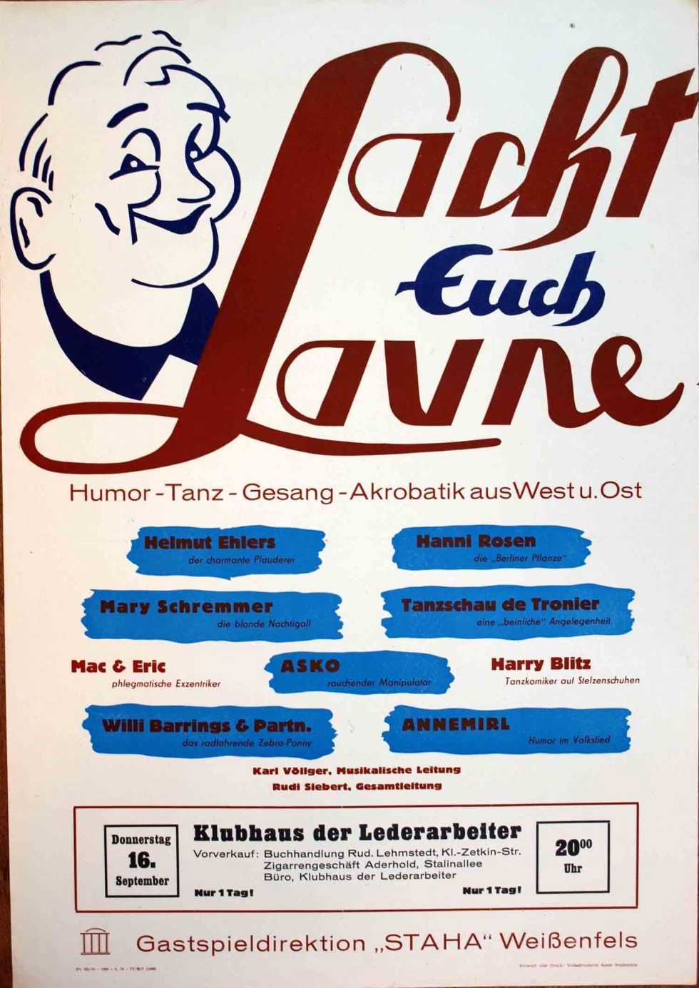 Plakat / Kultur &quot;Lacht Euch Laune&quot;, DDR, Weißenfels 1954 (Museum Weißenfels - Schloss Neu-Augustusburg CC BY-NC-SA)