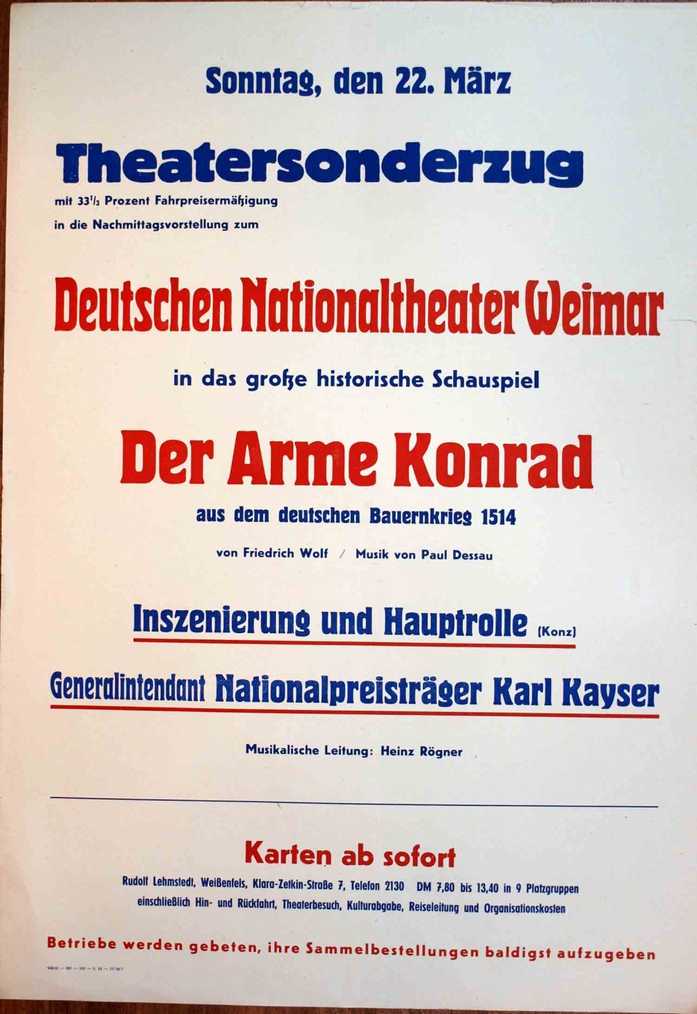 Plakat/Kultur &quot;Theatersonderzug ...&quot;, Nationaltheater Weimar, DDR, Weißenfels 1953 (Museum Weißenfels - Schloss Neu-Augustusburg CC BY-NC-SA)