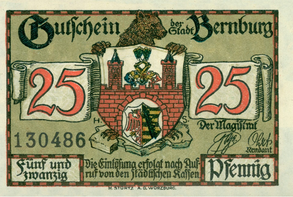 Gutschein Stadt Bernburg (25 Pfennig, 1921) (Kulturstiftung Sachsen-Anhalt CC BY-NC-SA)
