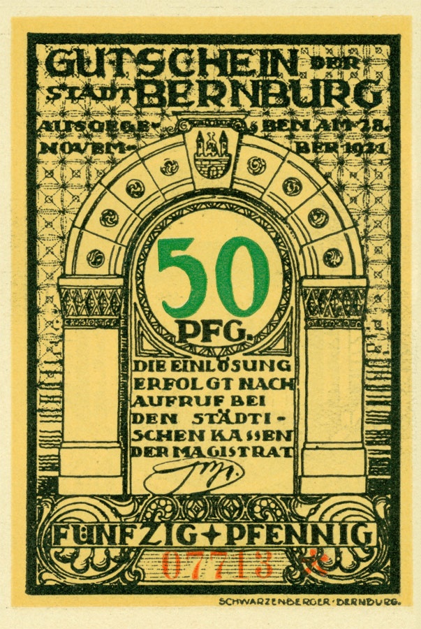 Gutschein der Stadt Bernburg (50 Pfennig, 1921) (Kulturstiftung Sachsen-Anhalt CC BY-NC-SA)