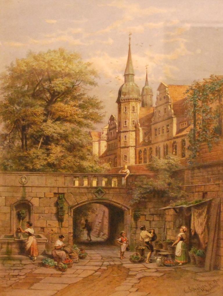 Schäffer - Schlossgrabenbrücke mit Verkaufsständen (Kulturhistorisches Museum Schloss Merseburg CC BY-NC-SA)