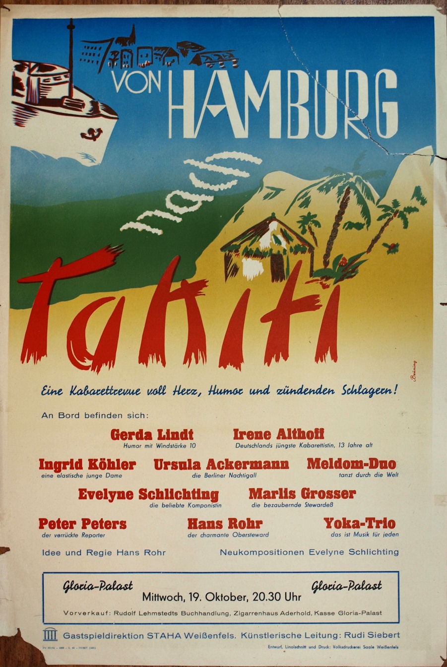 Plakat / Kultur &quot;Von Hamburg nach Tahiti&quot;, DDR, Weißenfels 1955 (Museum Weißenfels - Schloss Neu-Augustusburg CC BY-NC-SA)