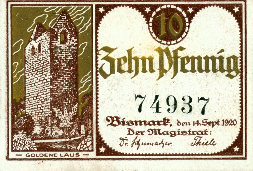 Kleingeldschein Stadt Bismark (10 Pfennig) (Kulturstiftung Sachsen-Anhalt CC BY-NC-SA)
