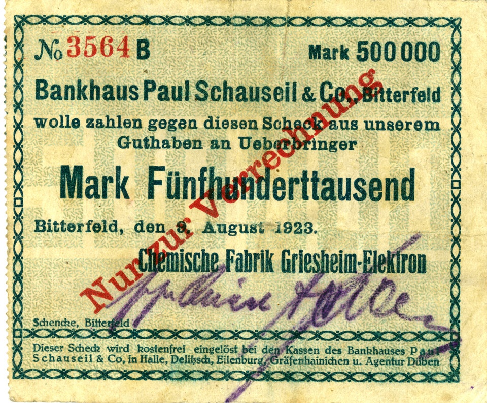 Scheck über 500.000 Mark (Chemische Fabrik Griesheim-Elektron) (Kulturstiftung Sachsen-Anhalt CC BY-NC-SA)