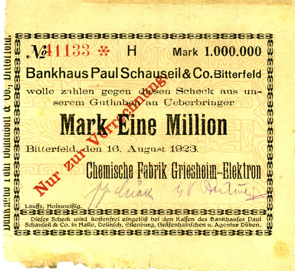 Scheck über 1.000.000 Mark (Chemische Fabrik Griesheim-Elektron) (Kulturstiftung Sachsen-Anhalt CC BY-NC-SA)