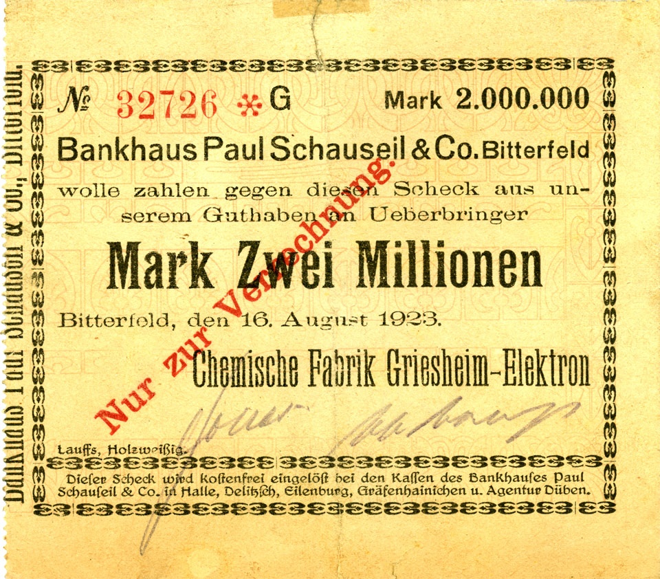 Scheck über 2.000.000 Mark (Chemische Fabrik Griesheim-Elektron) (Kulturstiftung Sachsen-Anhalt CC BY-NC-SA)