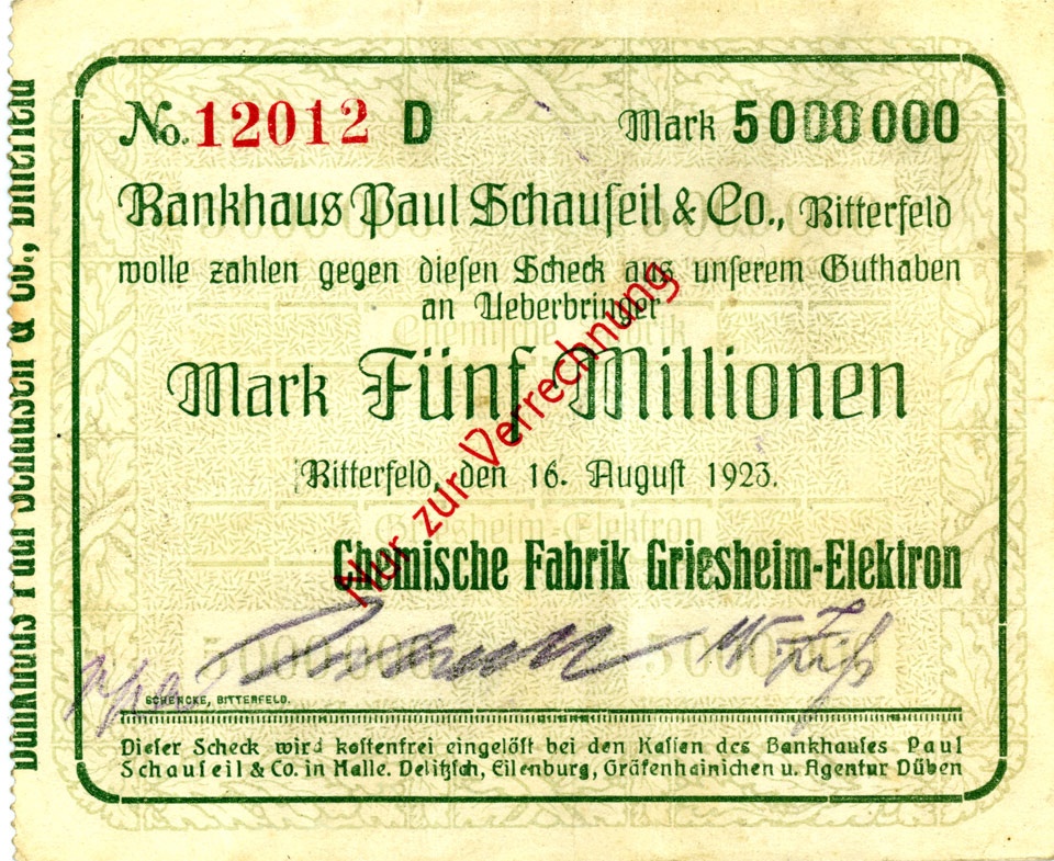 Scheck über 5.000.000 Mark (Chemische Fabrik Griesheim-Elektron) (Kulturstiftung Sachsen-Anhalt CC BY-NC-SA)