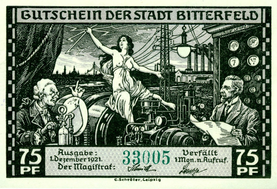 Gutschein der Stadt Bitterfeld (75 Pfennig, Dezember 1921) (Kulturstiftung Sachsen-Anhalt CC BY-NC-SA)
