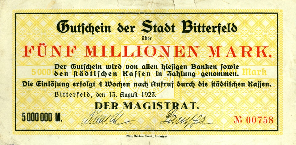 Schein der Hochinflation, Stadt Bitterfeld, 5 Millionen Mark (Kulturstiftung Sachsen-Anhalt CC BY-NC-SA)