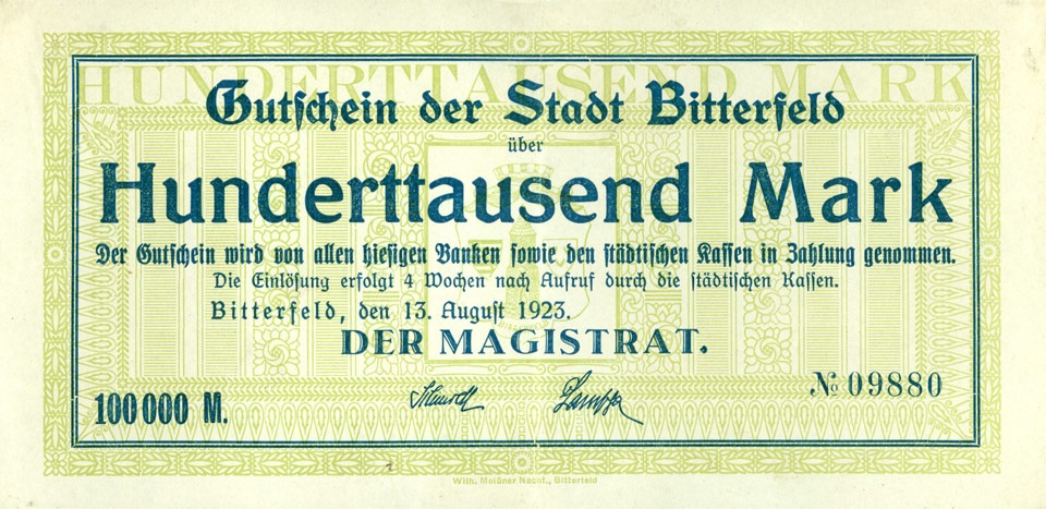 Schein der Hochinflation, Stadt Bitterfeld, Hunderttausend Mark (Kulturstiftung Sachsen-Anhalt CC BY-NC-SA)
