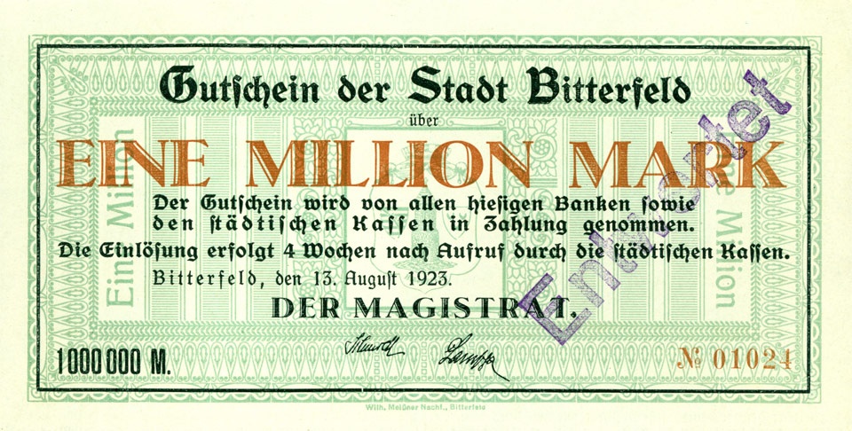 Schein der Hochinflation, Stadt Bitterfeld, Eine Million Mark (Kulturstiftung Sachsen-Anhalt CC BY-NC-SA)
