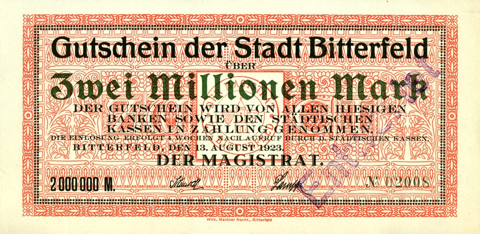 Schein der Hochinflation, Stadt Bitterfeld, Zwei Millionen Mark (Kulturstiftung Sachsen-Anhalt CC BY-NC-SA)