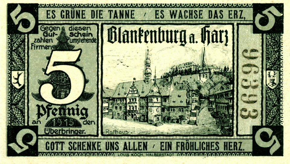 Gutschein über 5 Pfennig (Blankenburg a. Harz) (Kulturstiftung Sachsen-Anhalt CC BY-NC-SA)