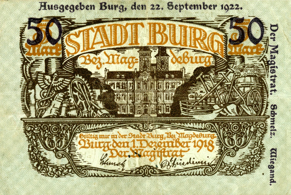 Großnotgeldschein der Stadt Burg (Fünfzig Mark) (Kulturstiftung Sachsen-Anhalt CC BY-NC-SA)