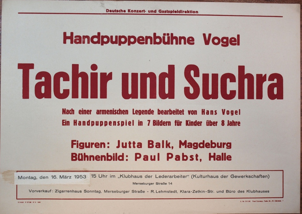 Plakat/ Kultur &quot;Handpuppenbühne Vogel...&quot;, DDR, Weißenfels 1953 (Museum Weißenfels - Schloss Neu-Augustusburg CC BY-NC-SA)